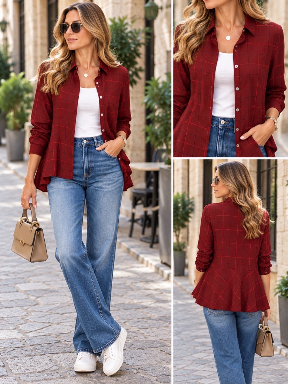 J. Jill Women's Burgundy Windowpane Button-Front Shirt Jacket